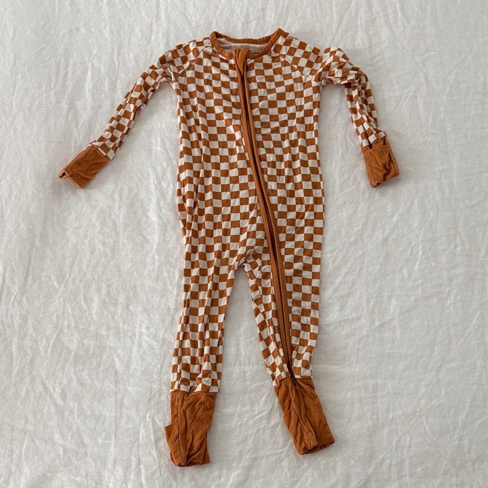 Zip Front Checkerboard One-Piece Footie - Burnt Orange & White